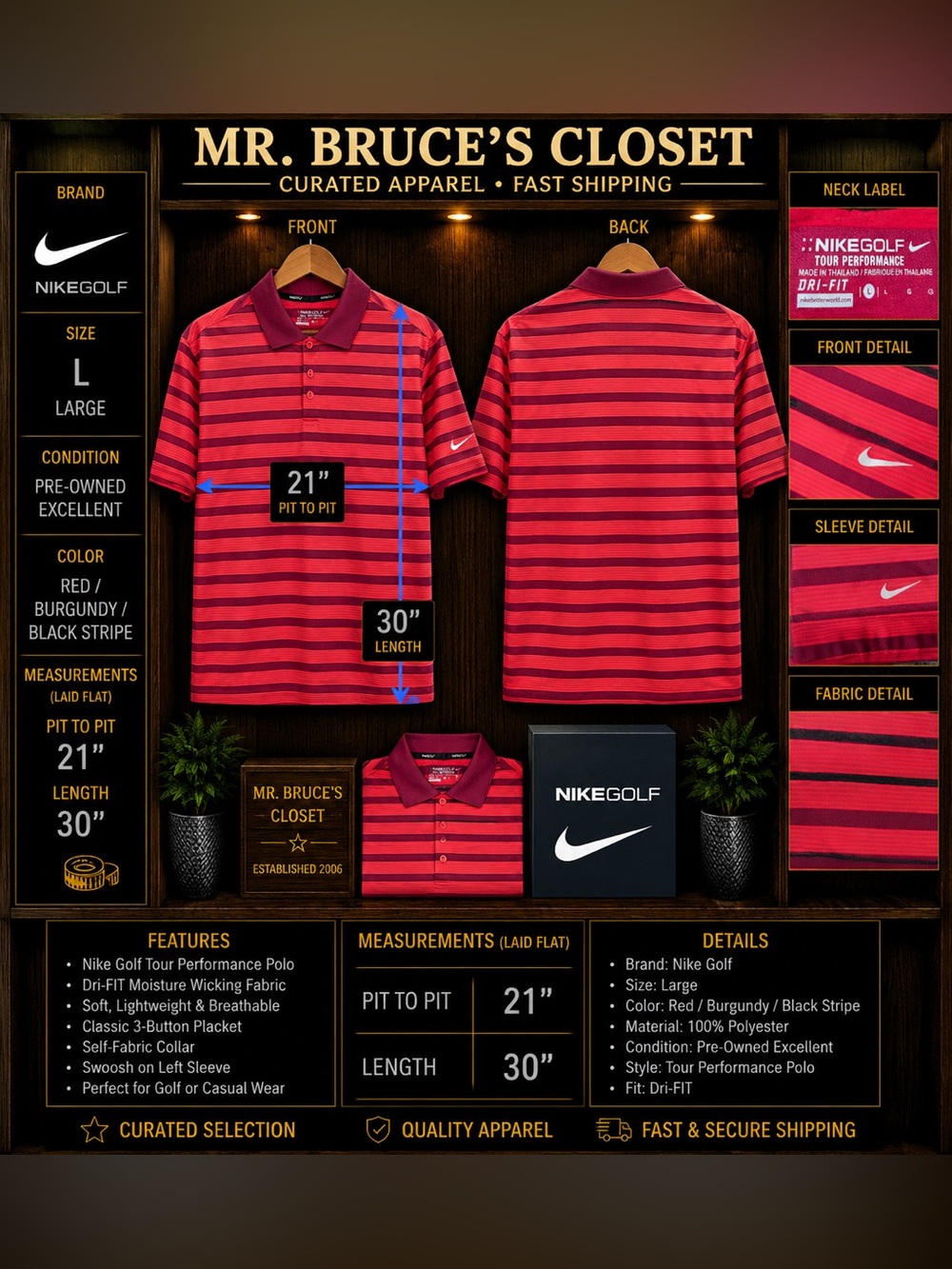 Nike Men’s Red and Burgundy Striped Golf Polo